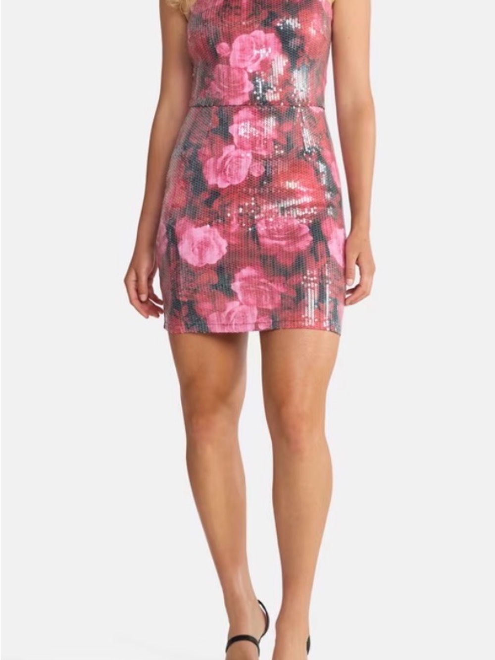 Madden NYC Pink Red Black Floral Sequin Mini Dress Strapless Lined L